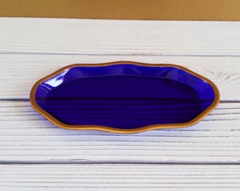 Cobalt Blue Glass Ring Dish Gold Trim