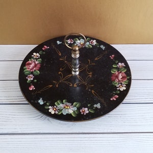 Metal Painted Floral Tray With Handle Roses Black