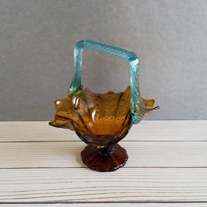 Glass Basket Amber Turquoise Embossed Fern Leaves Ribbed Square Handle Vintage