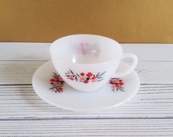 Primrose Fire King Cup Saucer Pink Red Flowers Milk Glass Vintage