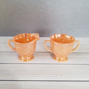 Peach Lustre Sugar and Creamer Set Fire King Laurel Pattern
