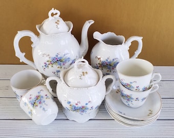 Vintage China Tea Set: 13-Piece Ceramic Tea Pot with Floral Design