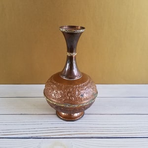 Copper Coated Embossed Vase with Brass Ornate Accents