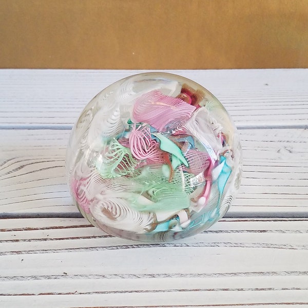 Murano Glass Paperweight Ribbon Lattice Pastel Vintage