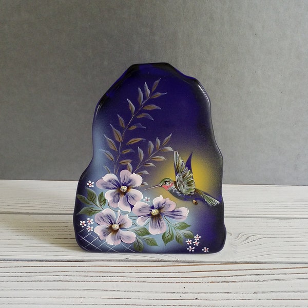 Fenton Paperweight Painted Hummingbird JK Spindler Iceberg Paperweight Cobalt Blue Glass