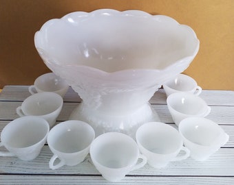 Punch Bowl Set Milk Glass Grapes Anchor Hocking 1960s Vintage
