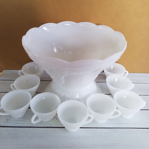 Punch Bowl Set Milk Glass Grapes Anchor Hocking 1960s Vintage