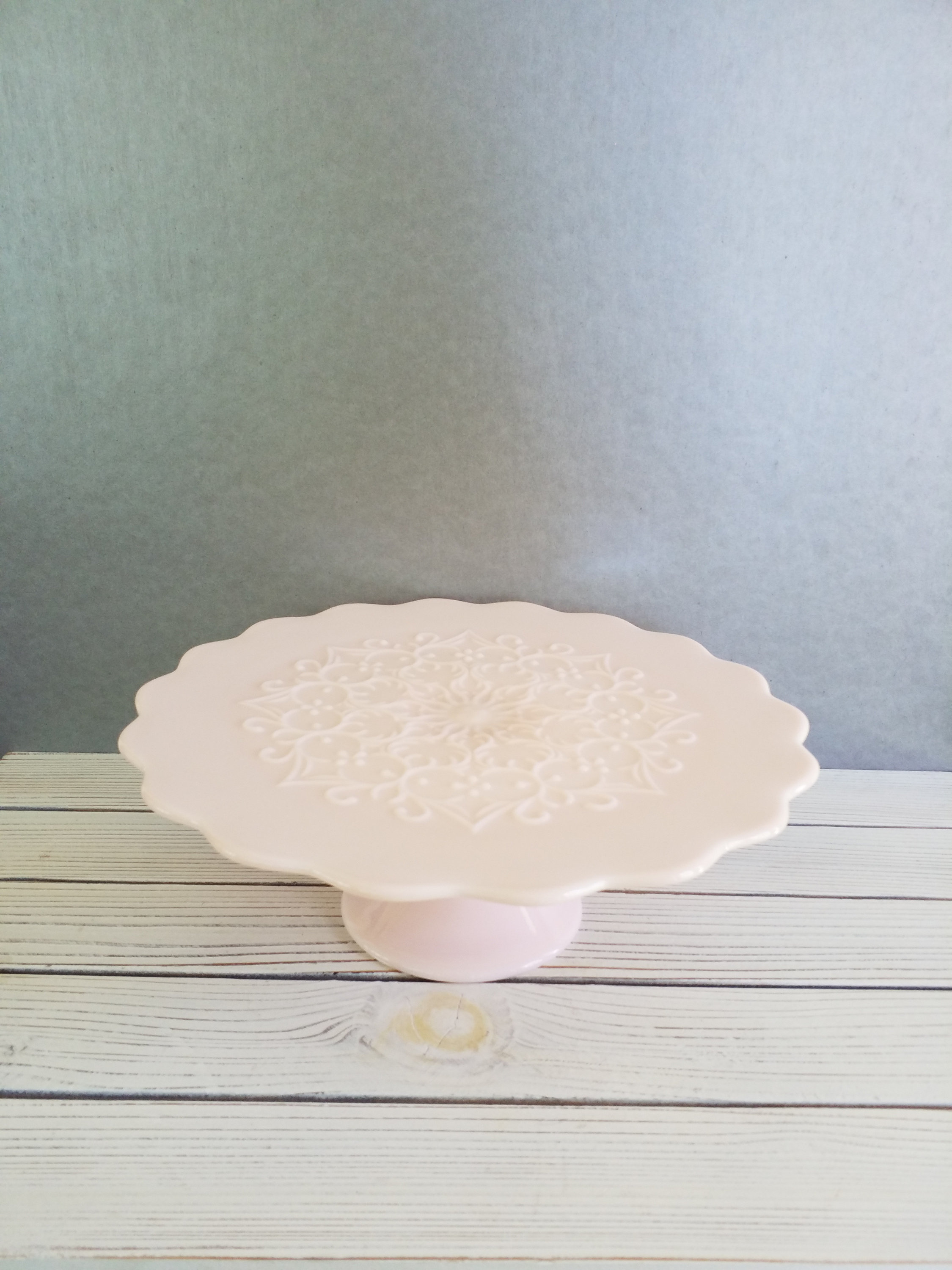 Pink milk glass cake stand discount