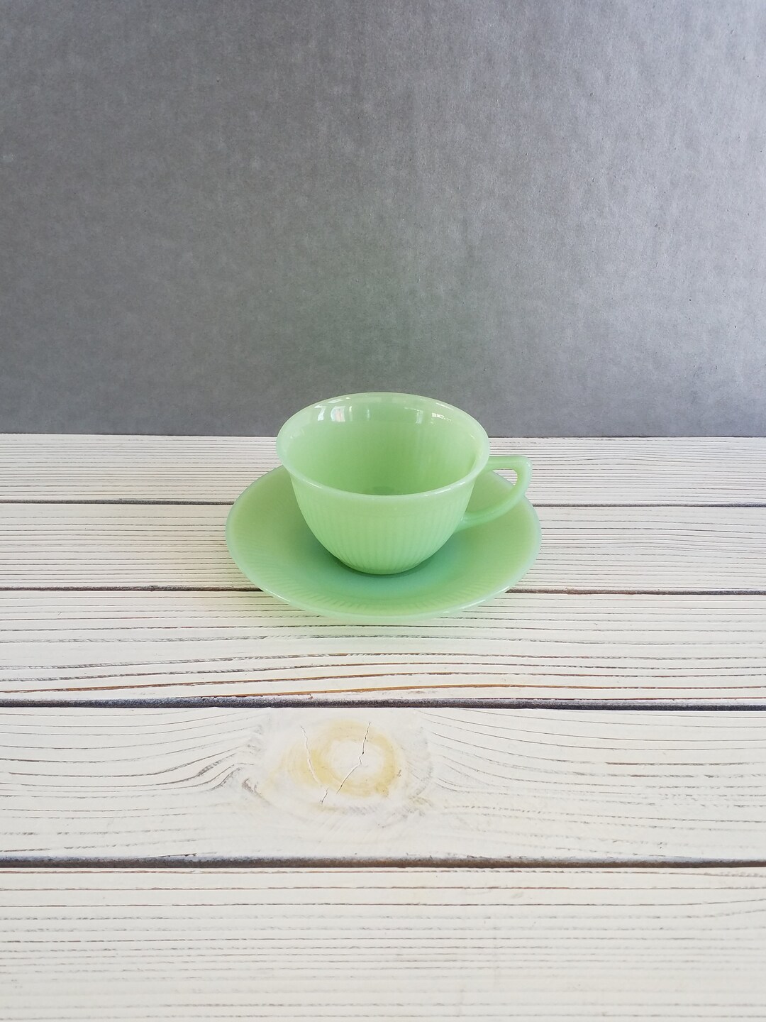 Jadeite Cup and Saucer Jane Ray Fire King Green Glass Ribbed Vintage