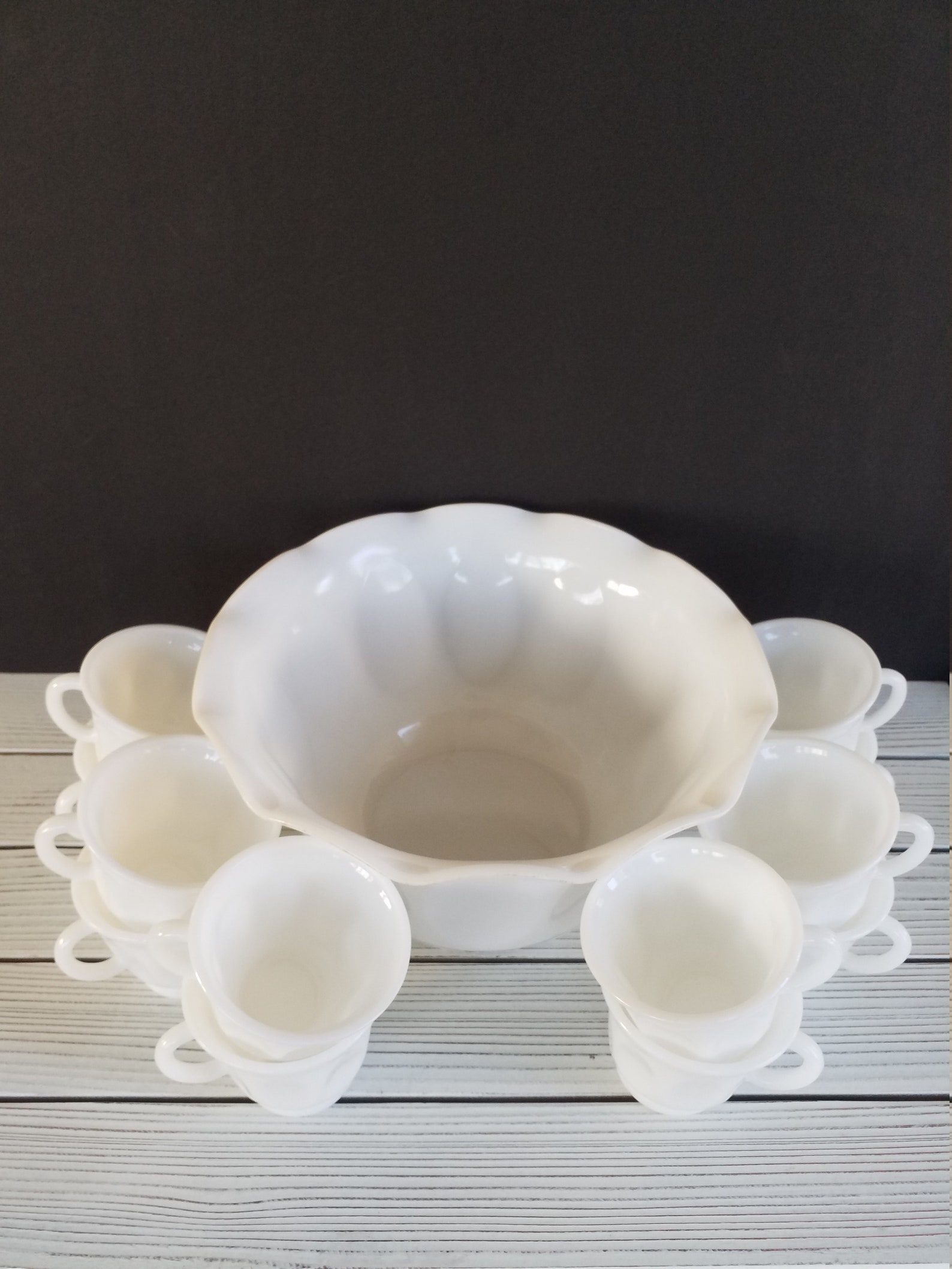 Milk Glass Punch Bowl Set Large Thumbprint Hazel Atlas White Etsy