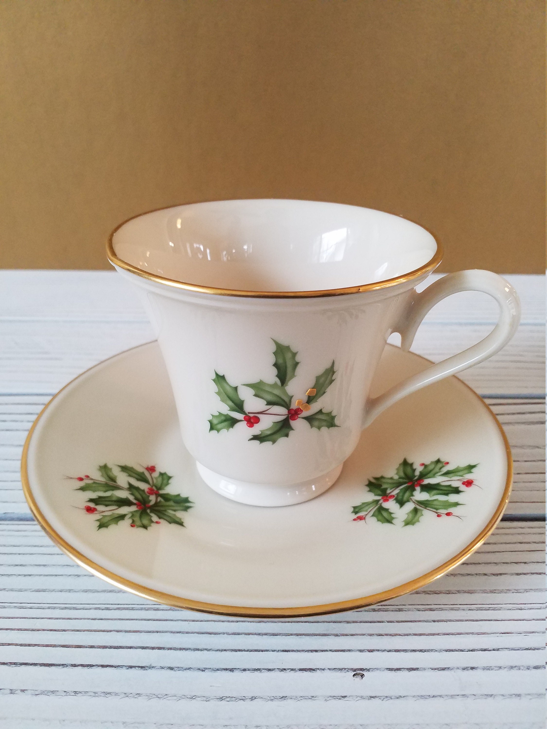 Lenox Holiday Cup & Saucer Holly Berries Gold Edge Etsy
