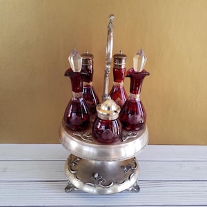 Victorian Era Cruet Set Cranberry Glass Antique Silverplate Red