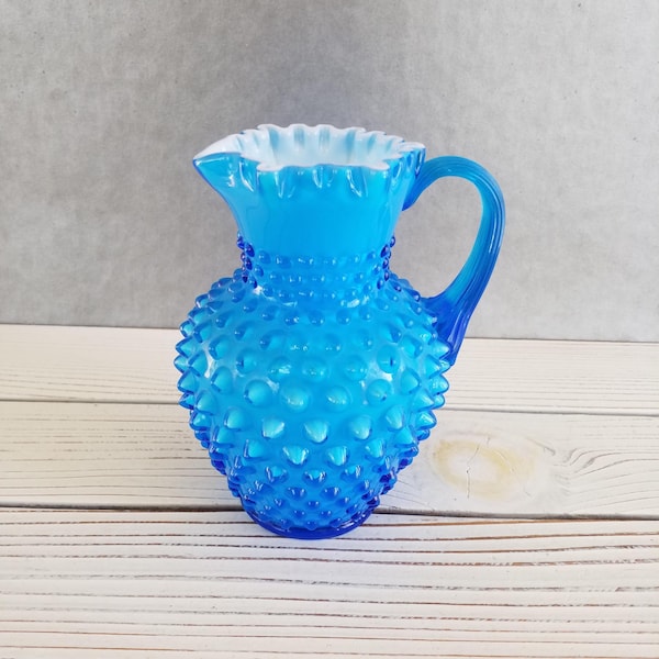 Fenton Opaque Blue Cased Milk Glass Hobnail Pitcher
