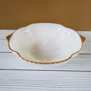 White Milk Glass Bowl With Gold Edge And Grape Vine Pattern