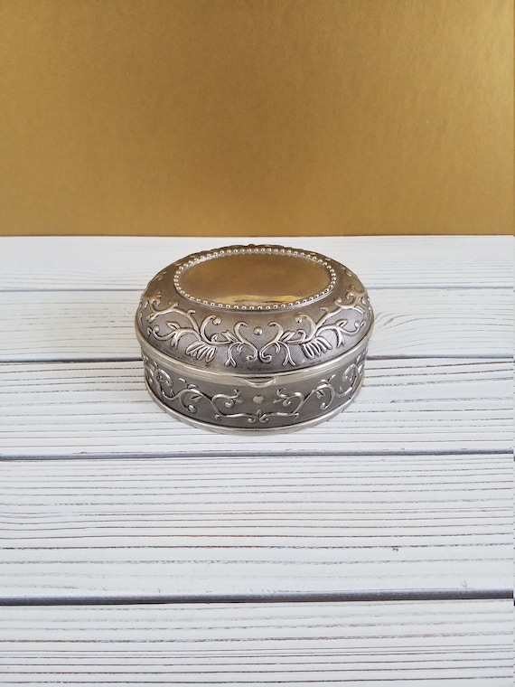 Vintage Silver Metal Jewelry Box Filigree Oval