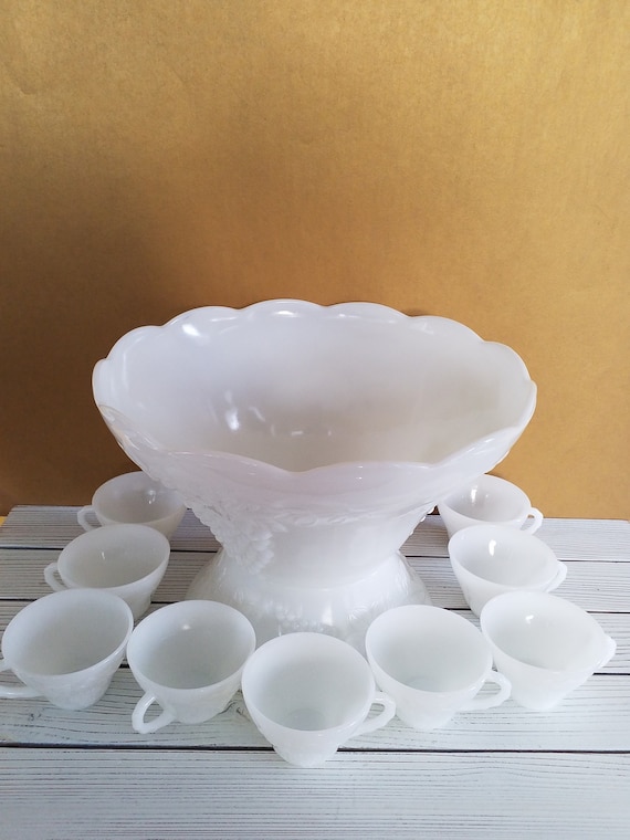 Punch Bowl Set Milk Glass Grapes Anchor Hocking 1960s Vintage