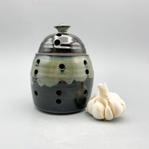 Handmade Stoneware Garlic Keeper Jar: Northern Lights Glaze