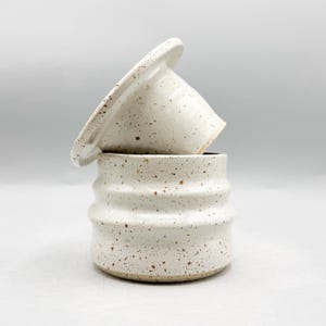 Butter Crock, handmade out of speckled stoneware with fluffy cloud glaze, holds 190mL/6.4oz