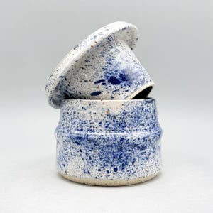 Butter Crock, handmade out of speckled stoneware with ocean splash glaze, holds 190mL/6.4oz