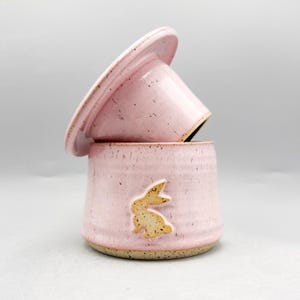 Handmade speckled stonewear Butter Crock with Bunny holds 165mL/5.5oz