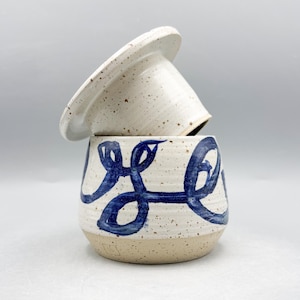 Butter Crock, handmade out of speckled stoneware with an abstract cobalt design, holds 205mL/7.2oz