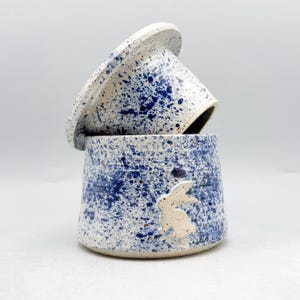 Handmade speckled stonewear Butter Crock with bunny, Butter Dish, holds 205mL/6.9oz