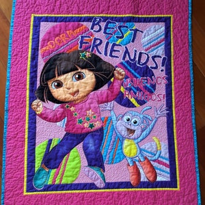 Dora the Explorer Panel Quilt Blanket Playmat for Baby - Toddler with Boots 34 x 41 inches - pink purple teal - Best Friends / Buenos Amigos