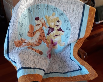 WINNIE the POOH and TIGGER Too! Panel Quilt Blanket Playmat baby toddler - w/  Piglet - Large size 40 x 46 inches - Shower Gift -  Gold Aqua