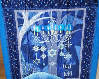 Contemporary Blue and Gold Hannukah Menorah Lap Quilt, Wall Hanging, approx 50 x 59 inches.  Love and Light