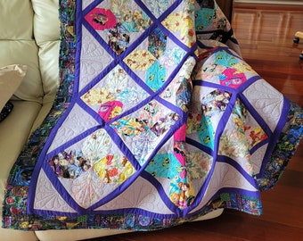 Princess Quilt blanket wall handing - Ariel Mulan Anna Elsa Jasmine Snow White Belle Cinderella Rapunzel  Purple Large size 54 x 70  inches