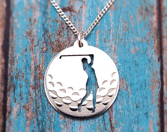 Silver Golf Pendant Necklace, Golf Jewelry Gift, Woman Golfer Silhouette Charm, Women Sports Jewelry, Golfball Charm, Golf Lover Pendant