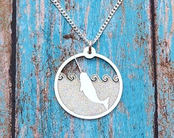 Narwhal Necklace, Narwhal In the Waves, Silver Narwhal Jewelry, Breaching Narwhal, Ocean Lover Gift, Marine Life Charm, Canadas Unicorn