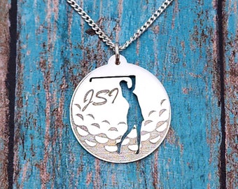 Custom Initial Golf Pendant Necklace, Golf Jewelry Gift, Woman Golfer Silhouette Charm, Women Sports Jewelry, Personalized Golf Ball