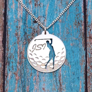 Custom Initial Golf Pendant Necklace, Golf Jewelry Gift, Woman Golfer Silhouette Charm, Women Sports Jewelry, Personalized Golf Ball