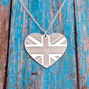 Silver Union Jack Pendant Necklace, British Flag Charm Jewelry, Patriot Flag Necklace, Heart United Kingdom, UK Flag Pendant, Great Britain