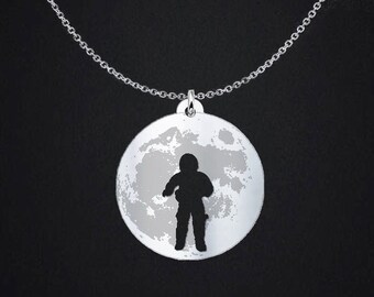 Astronaut Orbiting the Moon Necklace, Silver Moon Charm, Astronaut Pendant, Silver Space Charm Necklace