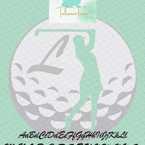 May include: A grey silhouette of a person swinging a golf club on a white golf ball with a grey and white pattern. The background is a light green colour with a white rabbit logo and the text "Talisman Trove". The letters of the alphabet are displayed below the golf ball.