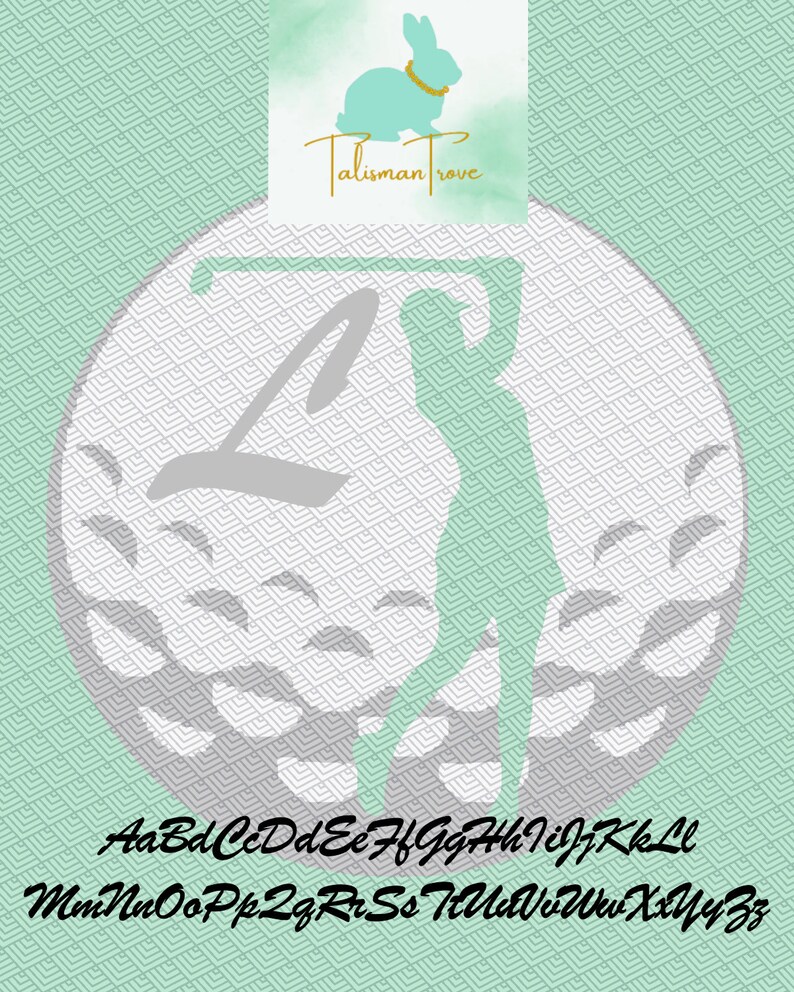 May include: A grey silhouette of a person swinging a golf club on a white golf ball with a grey and white pattern. The background is a light green colour with a white rabbit logo and the text "Talisman Trove". The letters of the alphabet are displayed below the golf ball.