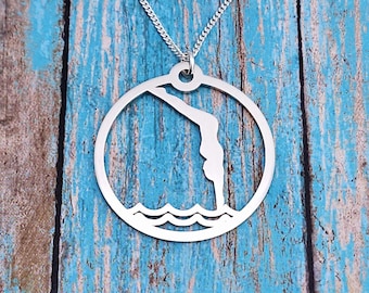 Female Diving Necklace, Swimming Necklace, Sports Jewelry, Swimmer Charm Necklace, Swim Team Jewelry, Swimmers Gift for Her, Swim Coach