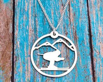 Skiing Necklace, Skier Gift, Silver Ski Hill Mountain Jewelry, Skiier Charm, Down Hill Skiing, Cross Country Skiing, Winter Sports