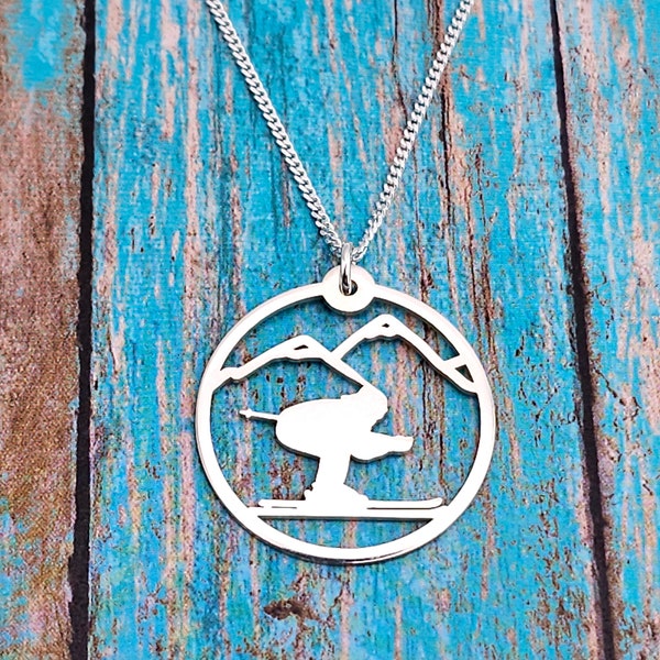 Skiing Necklace, Skier Gift, Silver Ski Hill Mountain Jewelry, Skiier Charm, Down Hill Skiing, Cross Country Skiing, Winter Sports