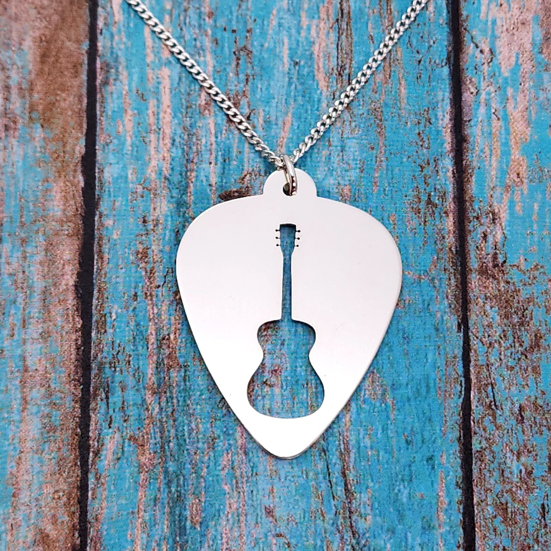 Acoustic Guitar Necklace , Guitar Pick Necklace, Sterling Silver Guitar Charm, Silhouette Guitar