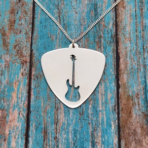 Bass Guitar Necklace , Guitar Pick Necklace, Sterling Silver Guitar, Guitar Charm Necklace, Bass Guitar Charm, Bass Pick Pendant Necklace