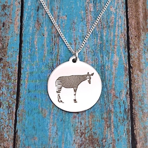 Okapi Necklace, Okapi Jewelry, Silver Okapi Pendant Necklace, Okapi Lover Gift, Forest Giraffe, Zebra Giraffe, Silver Okapi Disc Charm