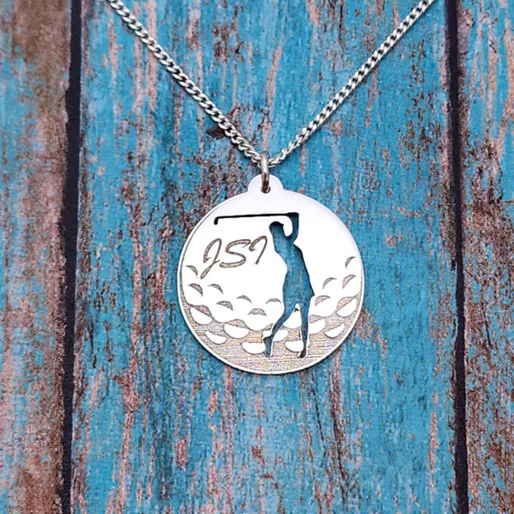 Custom Initial Golf Pendant Necklace, Golf Jewelry Gift, Woman Golfer Silhouette Charm, Women Sports Jewelry, Personalized Golf Ball
