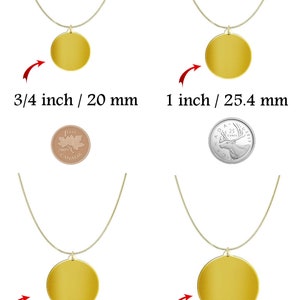 May include: Four gold necklaces with round pendant discs of different sizes. The pendants are shown next to Canadian coins to illustrate the size difference. The pendants measure 20 mm, 25.4 mm, 30 mm, and 38 mm in diameter.