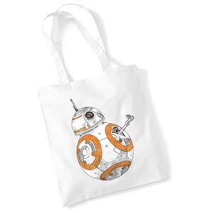 May include: White tote bag with a black and orange illustration of a Star Wars BB-8 droid.