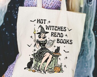 Retro Halloween Tote Bag, Spooky Witch Tote Bag, Reading Tote Bag, Bookish Merch, Trick or Treat Bag, Teacher Gift, Witchy Tote Book Bag