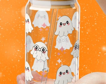 Halloween Iced Coffee Cup, Spooky Ghost Iced Coffee Glass Cup, Glass Tumbler, Halloween Party Tumbler, Cute Ghost Glass Can Ice Coffee Gift