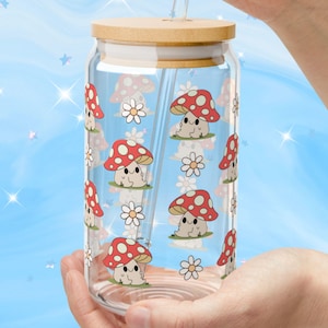 Mushroom Iced Coffee Cup, Iced Coffee Glass Cup, Cute Mushroom Glass Tumbler, Cottagecore Party Tumbler, Trendy Glass Can Ice Coffee Gift